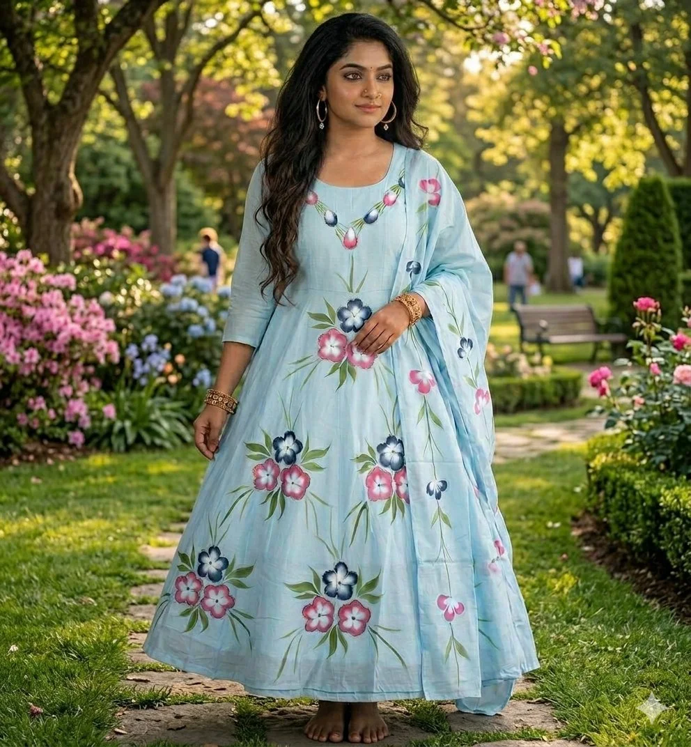 Sky Blue Roman SilkHandpainted Floral Anarkali Kurta Set with Dupatta 1