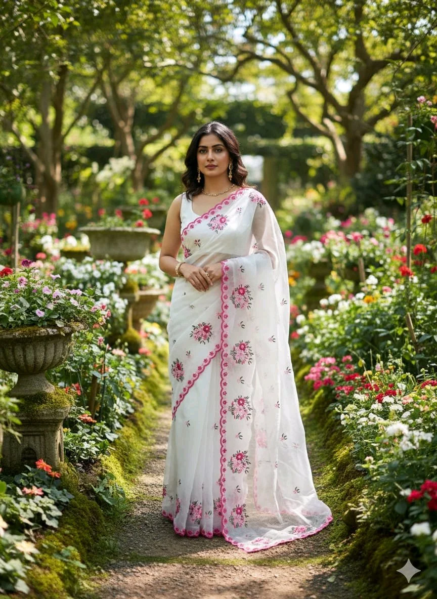 White Embroidered Saree with Scalloped Border and Blouse Piece thumbnail 7