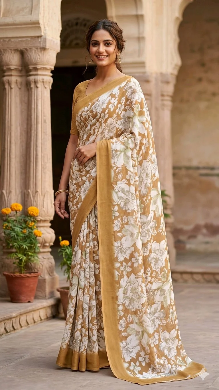 Combo Offer Dark Green & Mustard Yellow Floral Print Chiffon Saree thumbnail 4