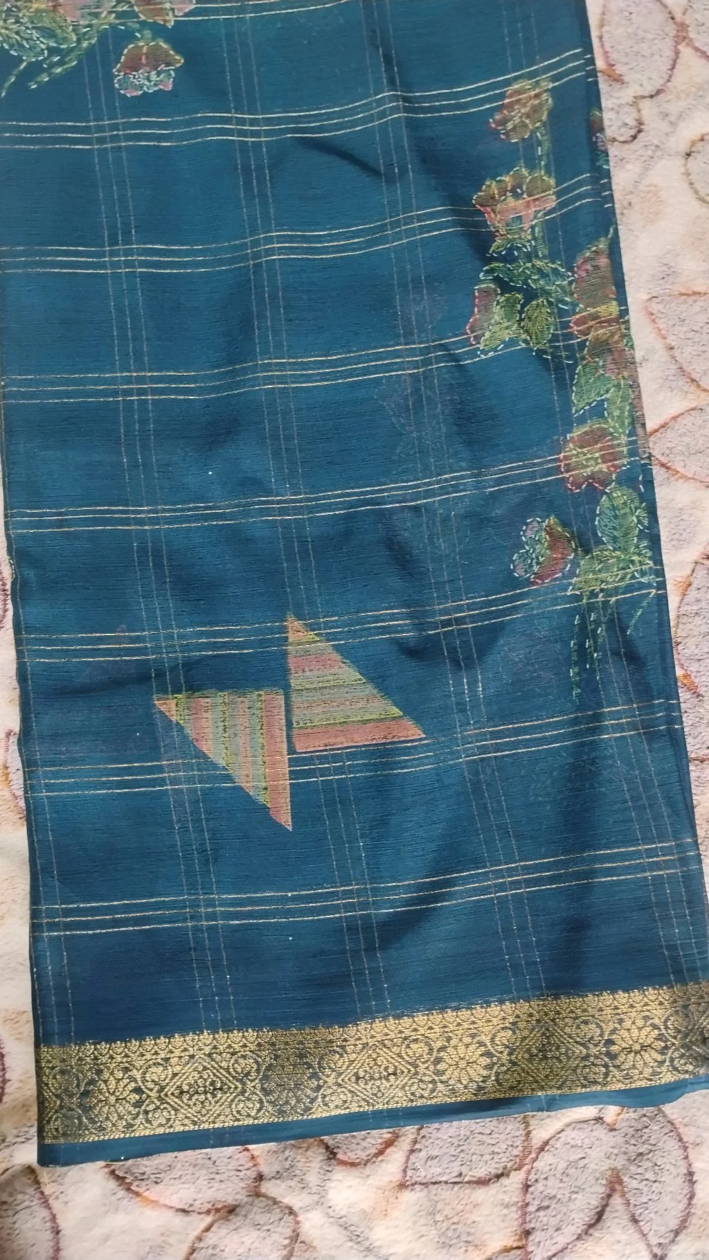 Blue Silk Blend Saree with Gold Checkered Pattern and Floral Print thumbnail 3