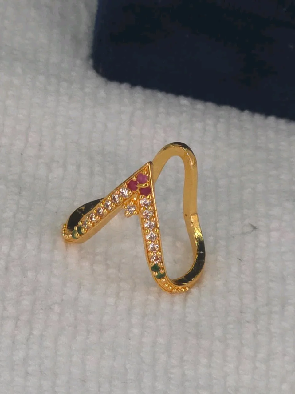 Gold Plated Wavy Ring with Ruby Emerald and White Stones thumbnail 3