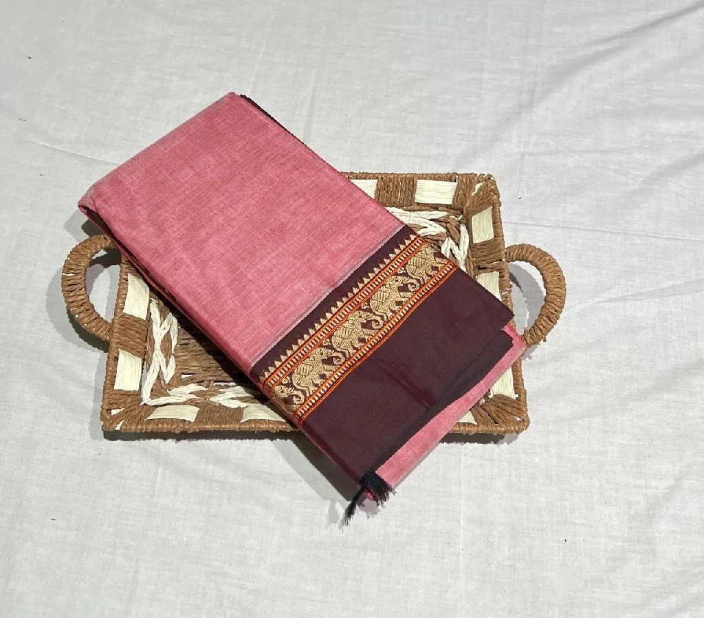 Pink Cotton Saree with Elephant Border
