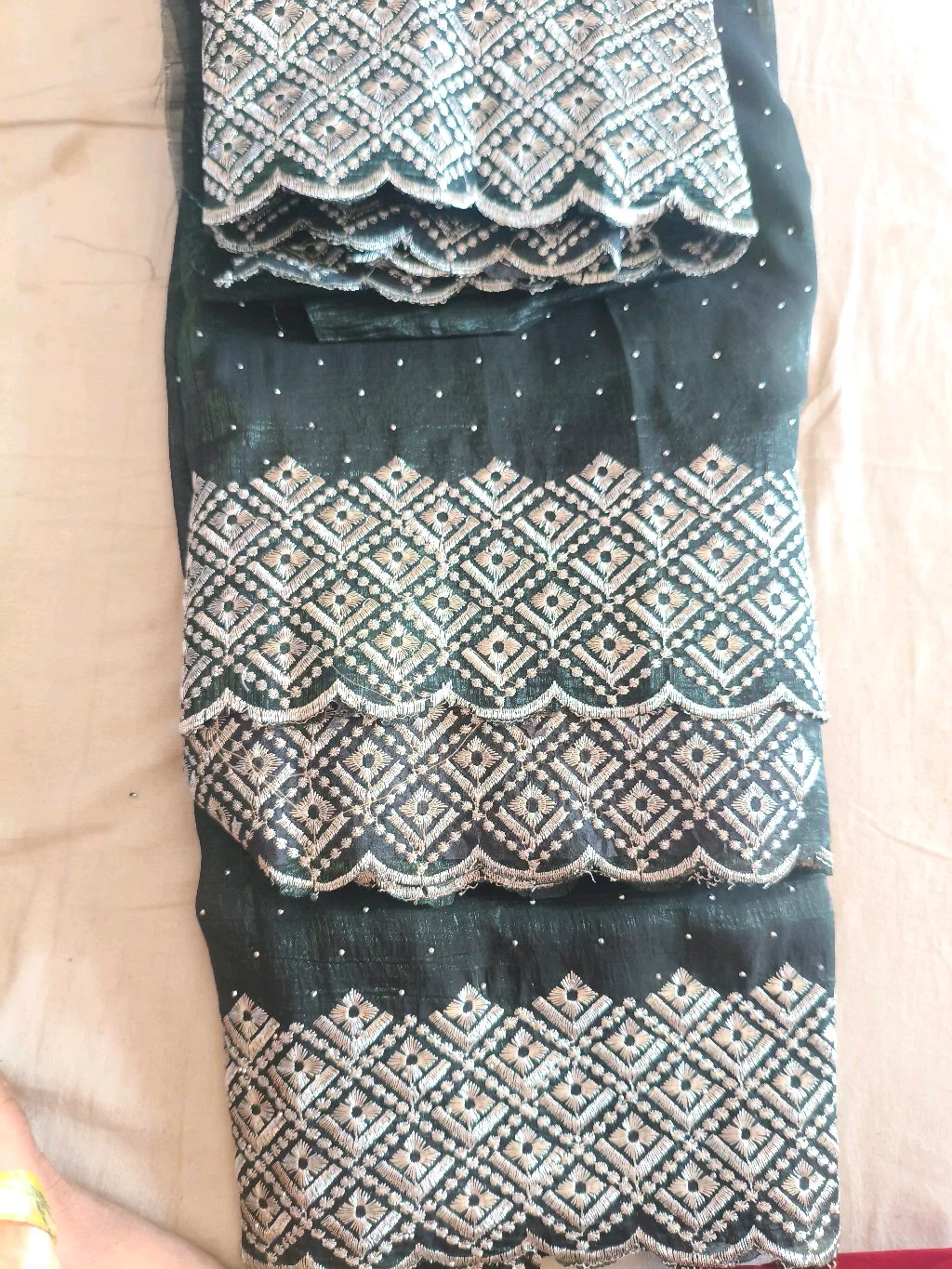 Dark Green Embroidered Saree with Scalloped Border 6