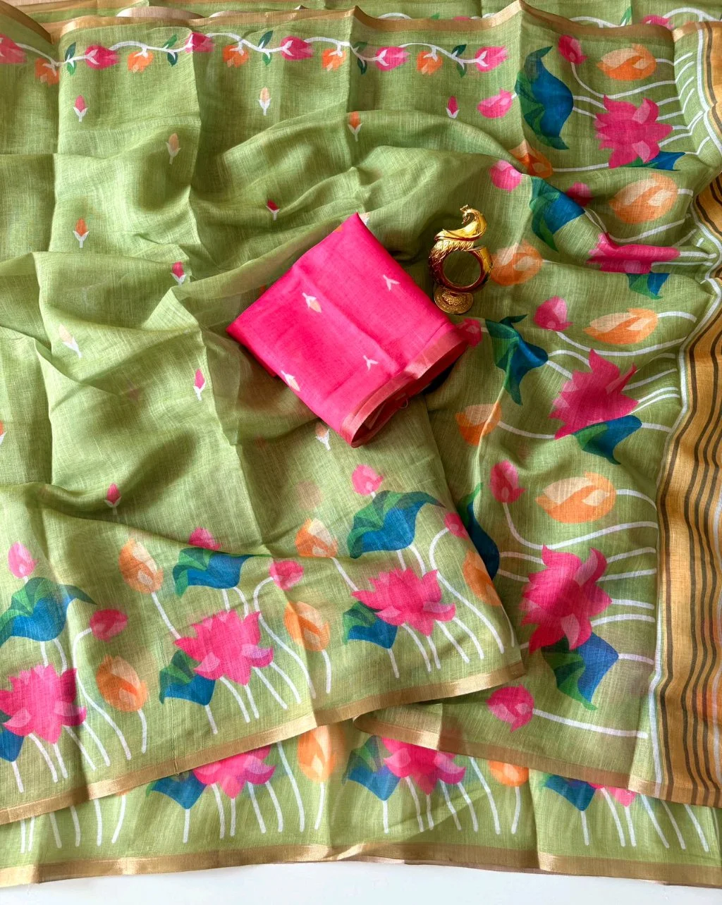 Green Floral Lenin Cotton Saree with Pink Blouse Piece thumbnail 4