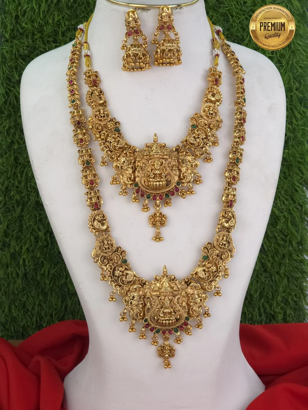 Gold Plated Temple Design Long and Short Haram Set with Earrings