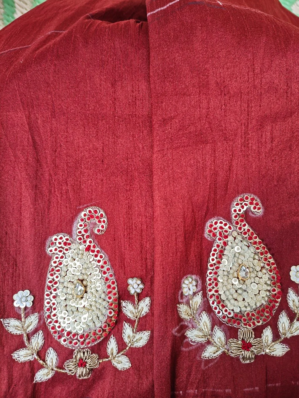 Hand Embroidered Red Blouse Neck Design with Bird Motif 2