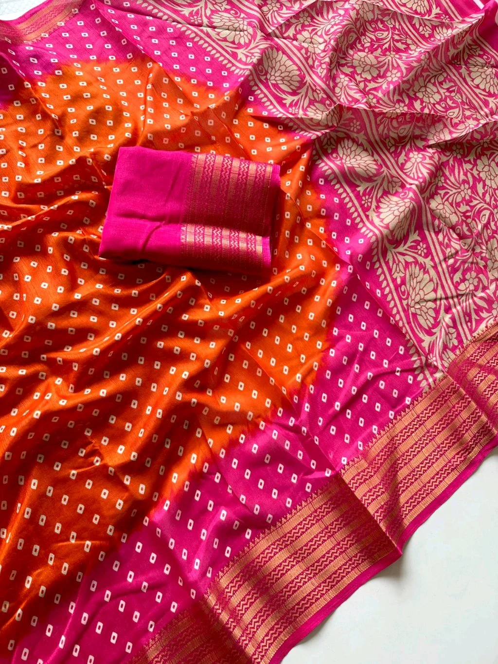 Orange and Pink Bandhani Silk Saree with Zari Border thumbnail 3
