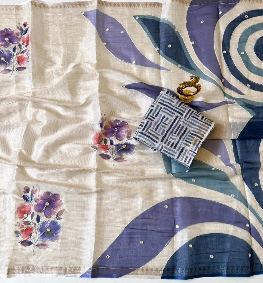 Light Beige Linen Blend Saree with Handpainted Floral Design and Geometric Blouse 8