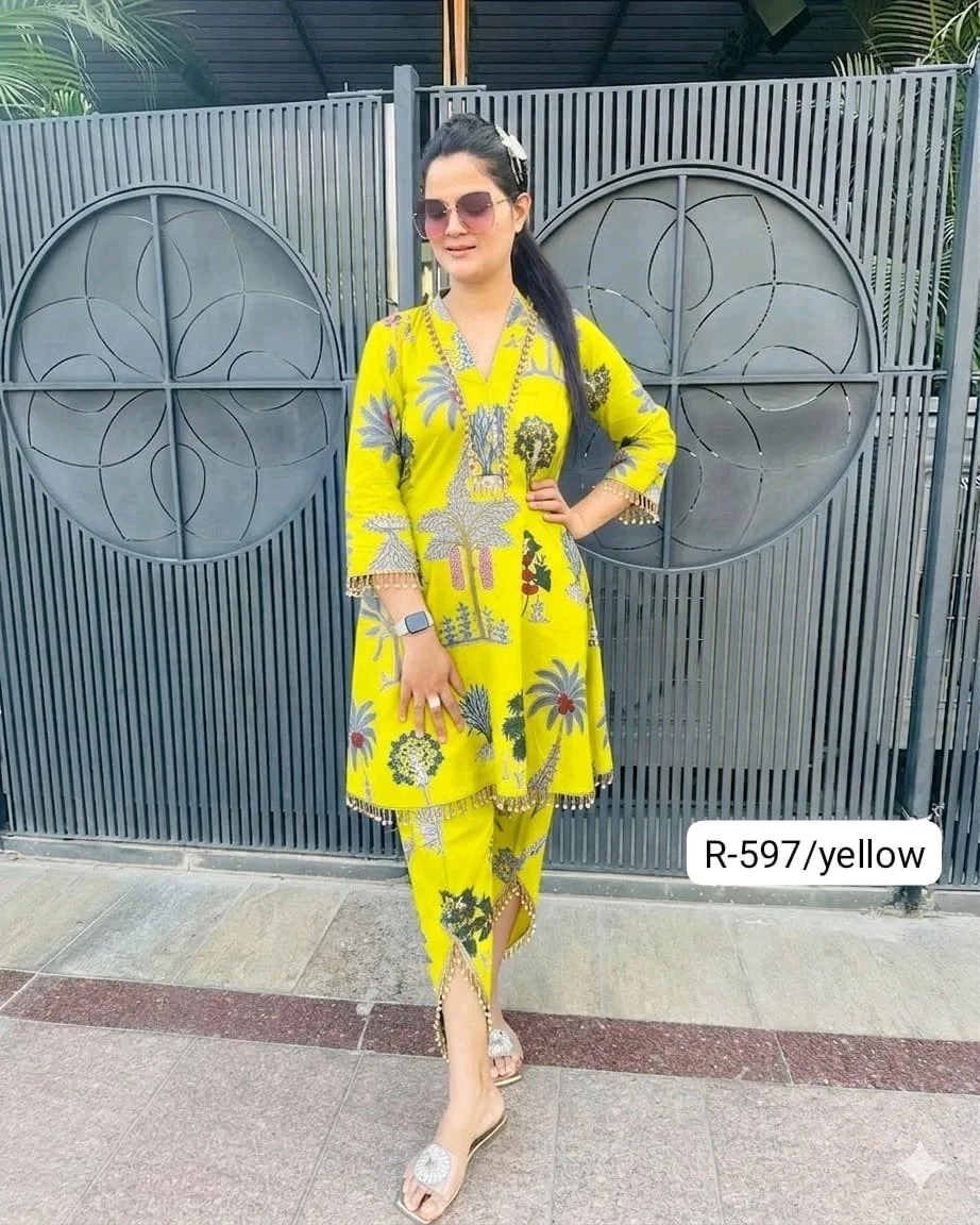 Code-R-597 FBRTulip Pants Set Highlights:• Premium pure cotton fabric• Eye-catching screen print design• Elegant gher-style kurti• Trendy tulip pants with lace finish• Designer latkan detailing on sleeves neckline hem and tulip pants• Perfect for festive, casual & day outingsColours-Orange,Yellow,Cream,Black,Blue,Red,Green,magentaQuality assured 100%Sizes-(34-44)(XS-XXL)plus sizes starts from 46-60 with extra chargePrice-1350 free shipPlus size chart and prices attached46/48-100 extra50/52-150 extra54/56-200 extra58/60-250 extraKeep shopping Keep selling 10