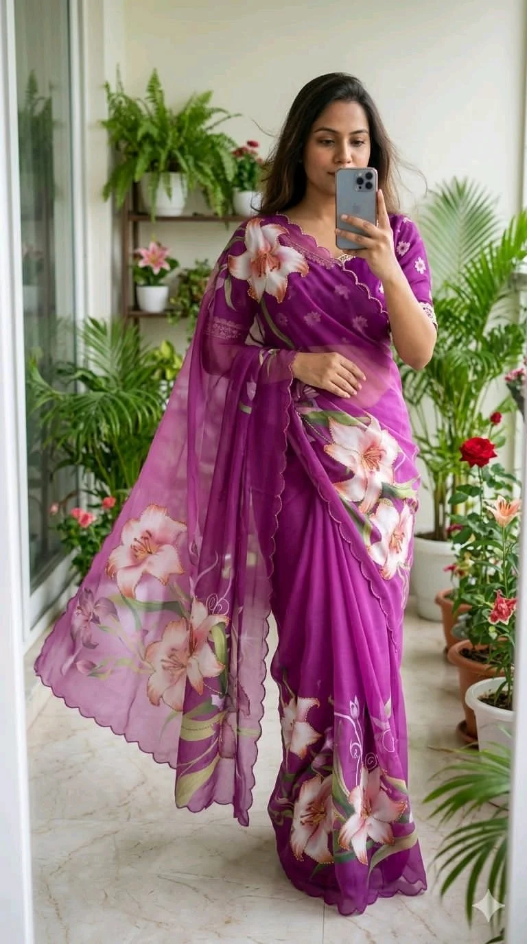 Chiffon  Floral Butterfly Print Saree with Scalloped Border 4