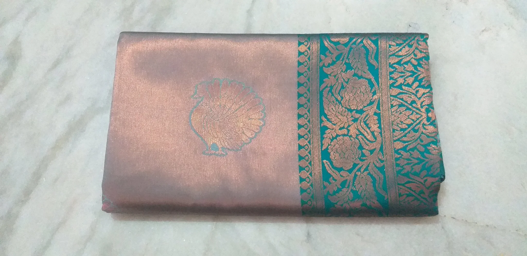 Grey and Teal Silk Saree with Peacock Zari Workand teal buta blouse 3