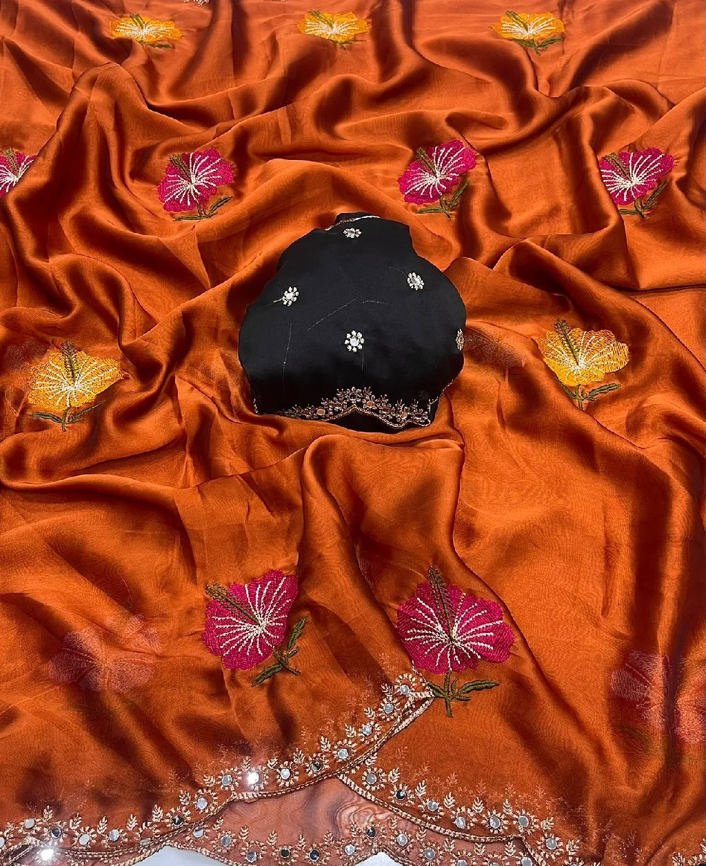 Purple Floral Embroidered Saree with Mirror Work Border - Variant 3 thumbnail 2