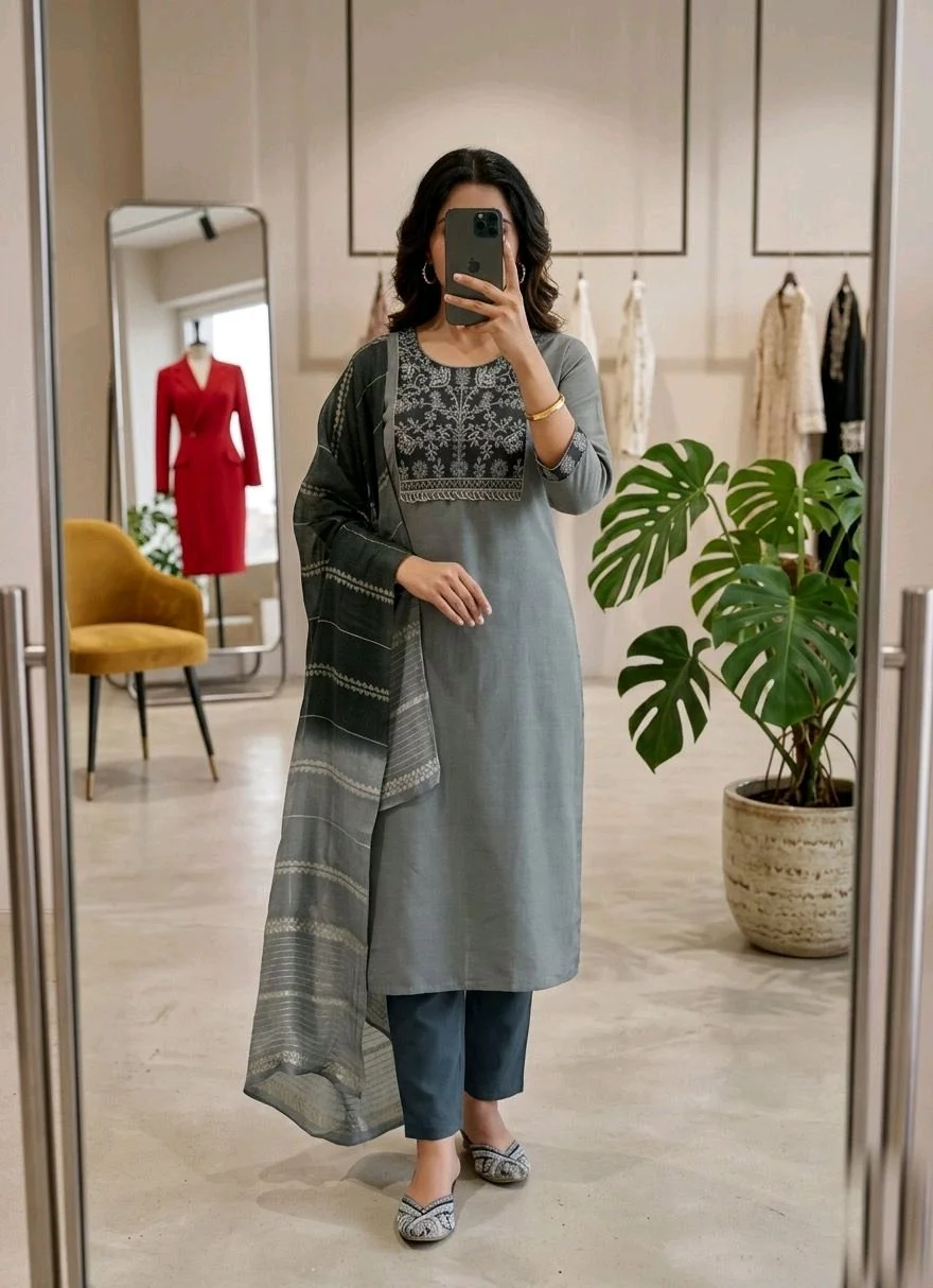 Embroidered Cotton Kurti Set with Dupatta Collection 9