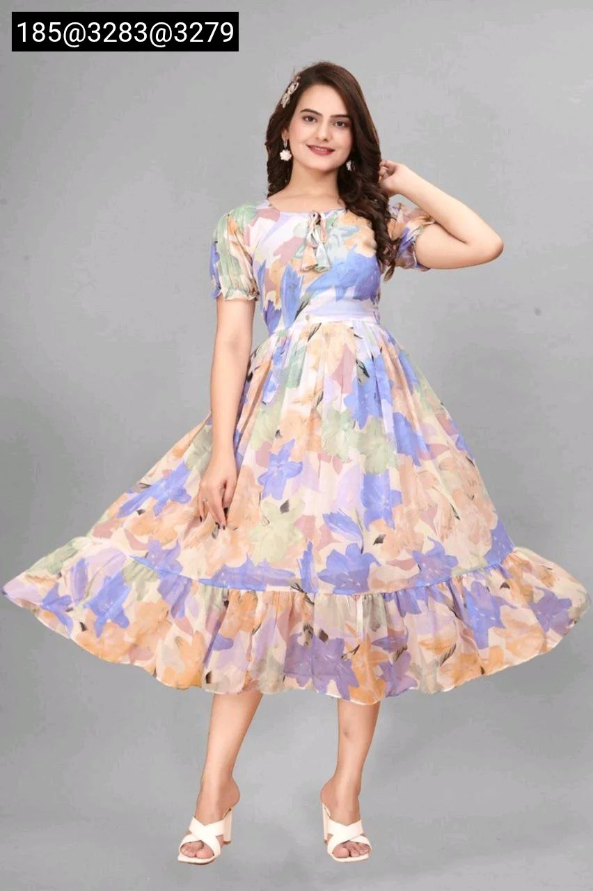 Multicolor Floral Print Midi Dress with Tie Neck thumbnail 1