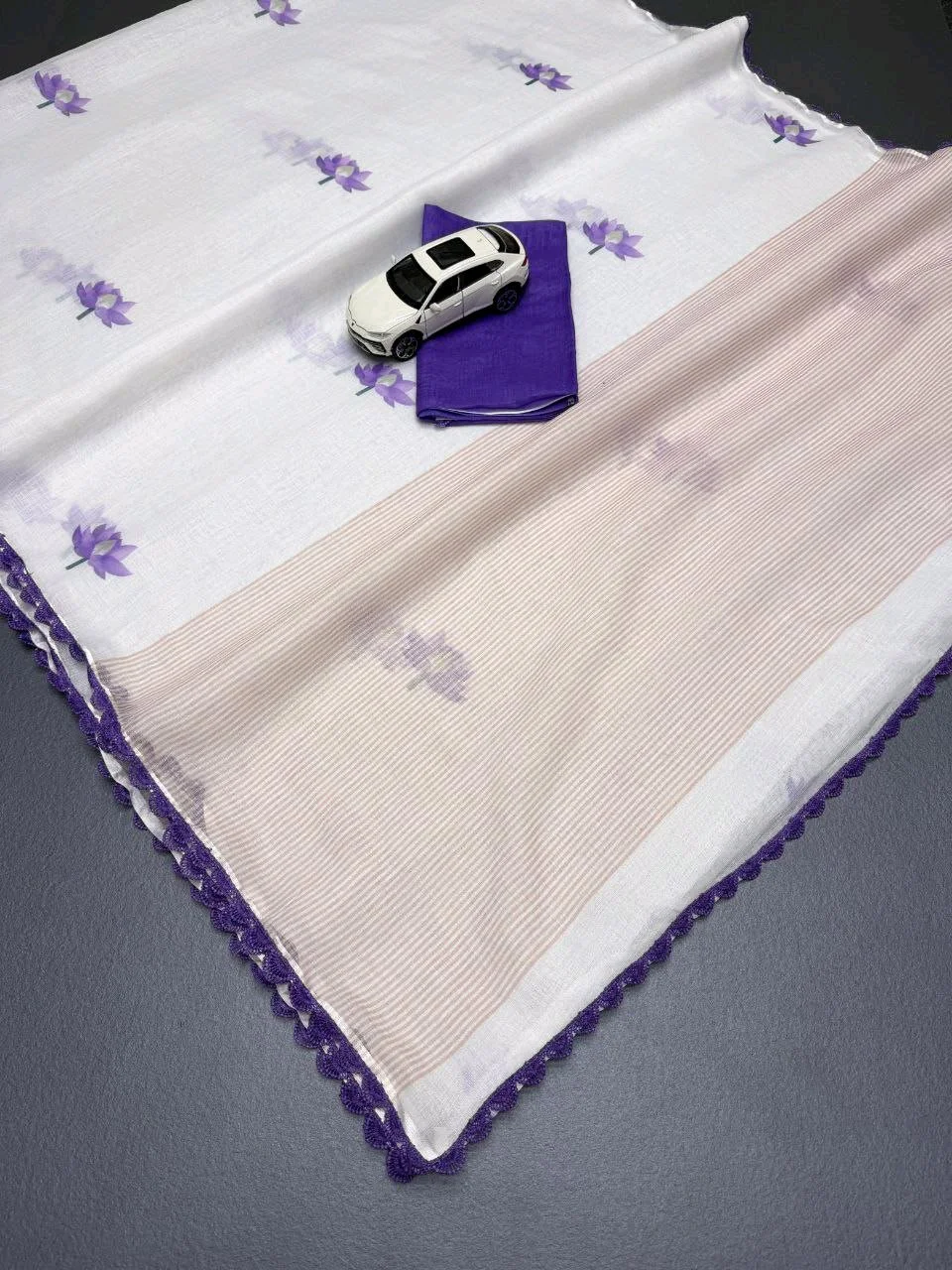 White Lenin Saree with Purple Lotus Motifs and Crochet Border