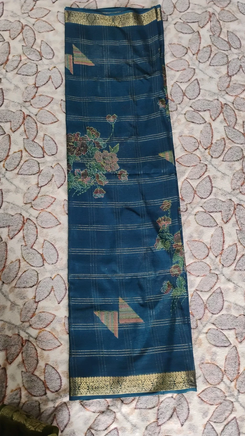 Blue Silk Blend Saree with Gold Checkered Pattern and Floral Print thumbnail 2