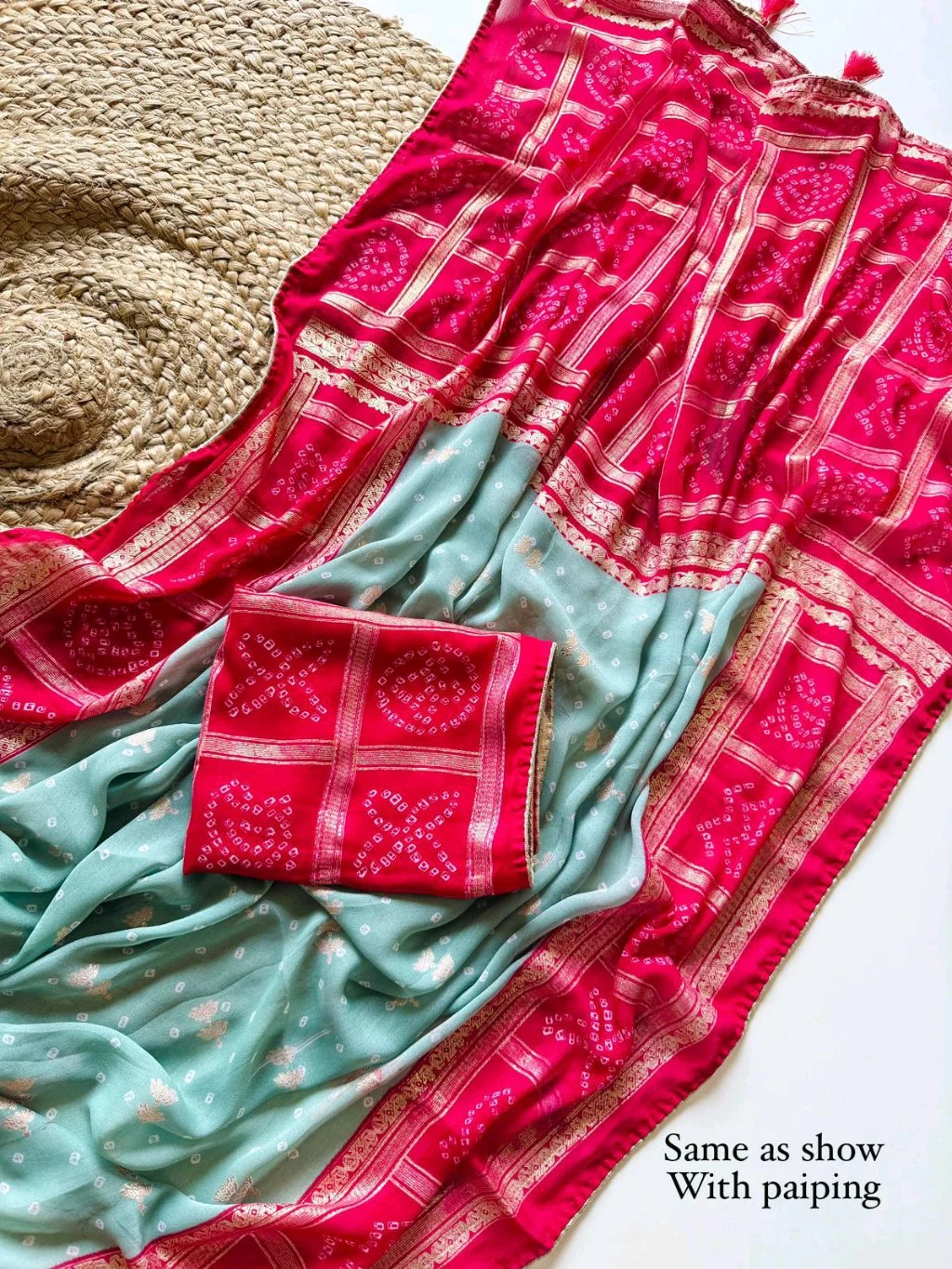 Sky Blue Saree with Pink Bandhani Border 3