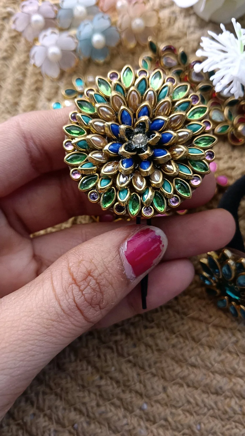 Gold Tone Floral Hair Bun Pin with Multi-Color Stones
