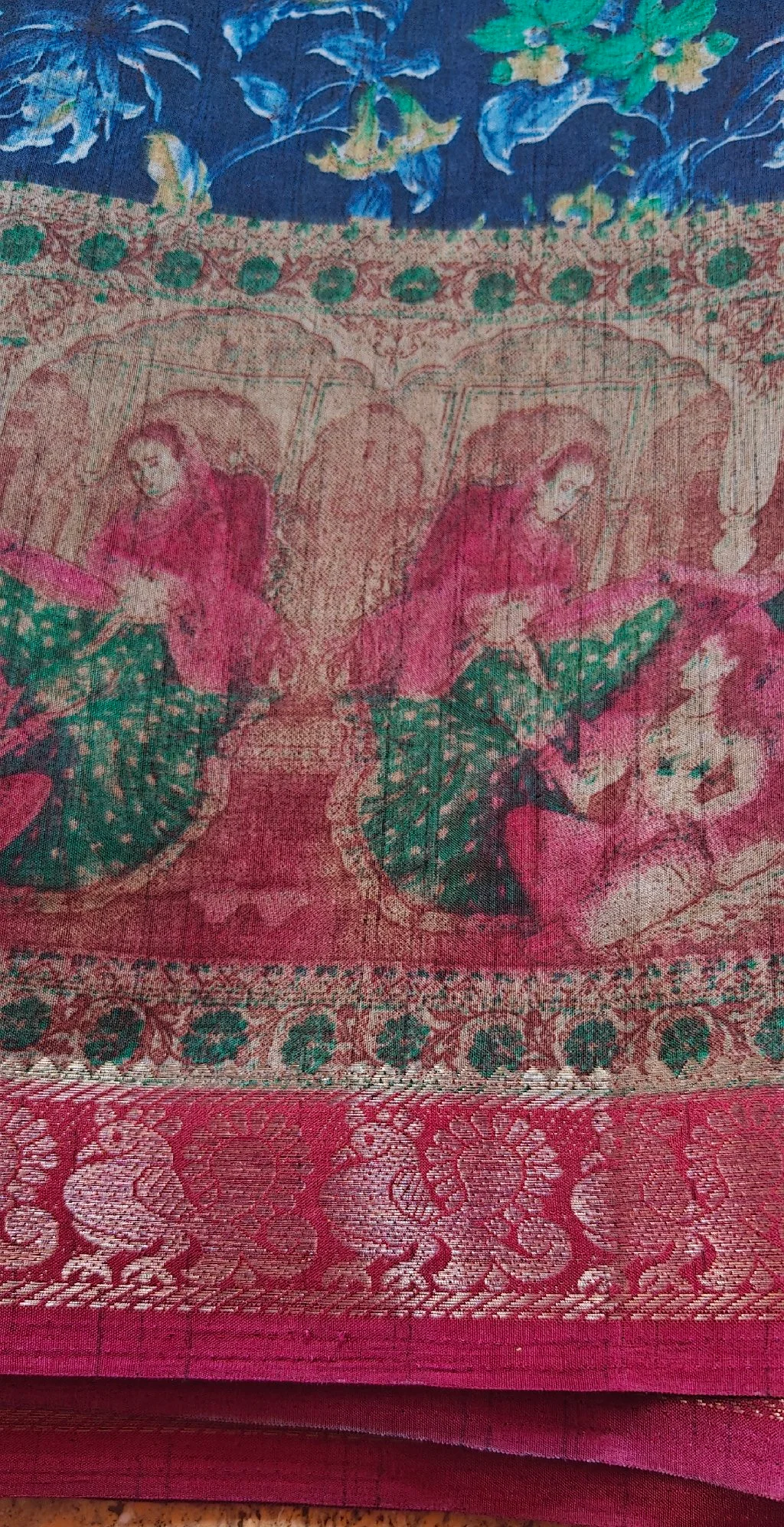 Dark Blue Floral Saree with Traditional Maroon Zari Border thumbnail 2