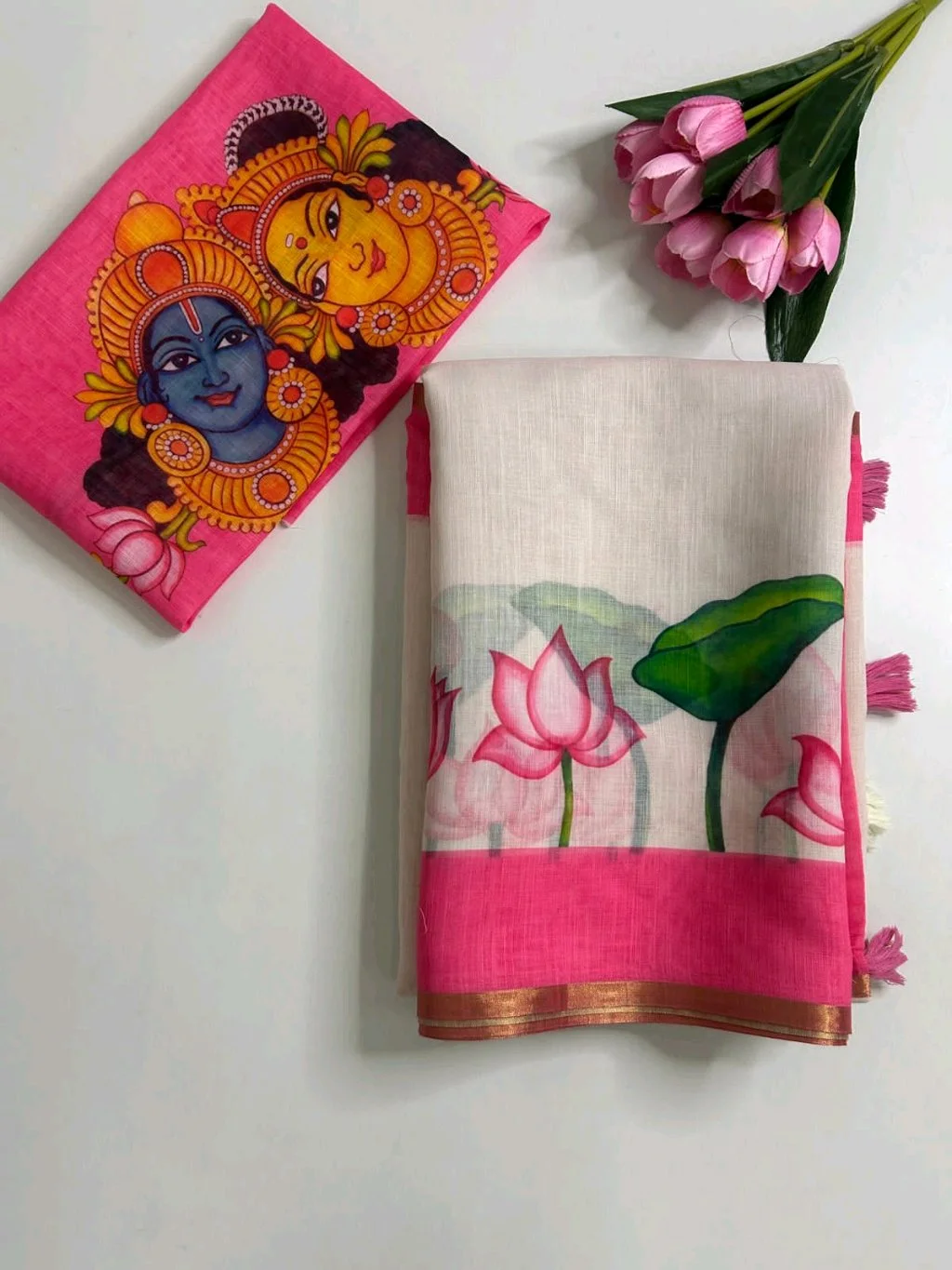 Handpainted Linen Saree with Lotus Design and Mural Art Blouse 1