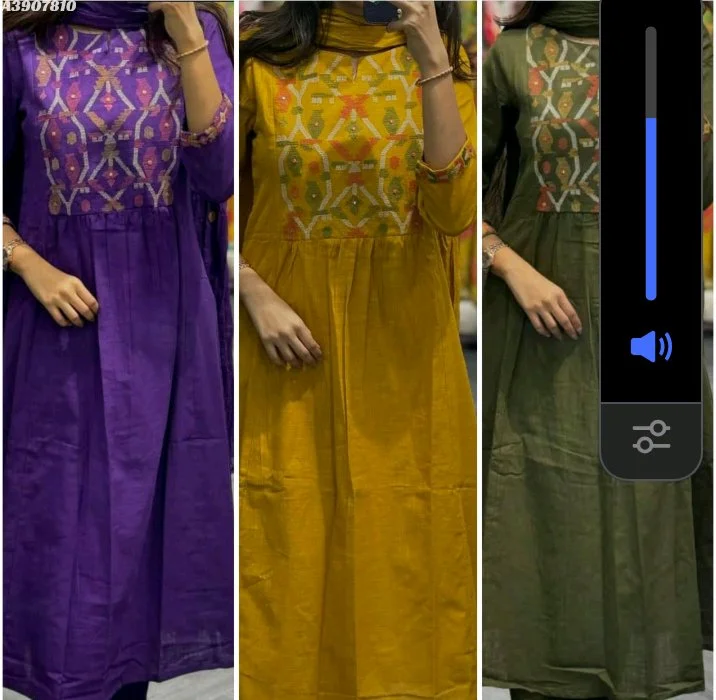 PRESENTION EXCLUSIVE COLLECTION IN NEW PATTERN Look straight out of a dreamy movie set as you turn around and walk in this elegant flaired suit ! The perfect of traditional wear Women's Embroidered work Cotton kurta & pant with malmal dupatta set TOP :- Cotton 60-60 with Embroidery ON YorkBOTTOM :- Cotton 60-60DUPATTA :- Malmal CottonSIZE :- M(38) L(40) XL(42) AND XXL(44) RATE :- 969/- freeshipping PREMIUM HEAVY QUALITY FABRIC FINISHINGStock Ready100% QUALITY ASSURED AS LIKE SHOWROOM FABRIC AND STTICH