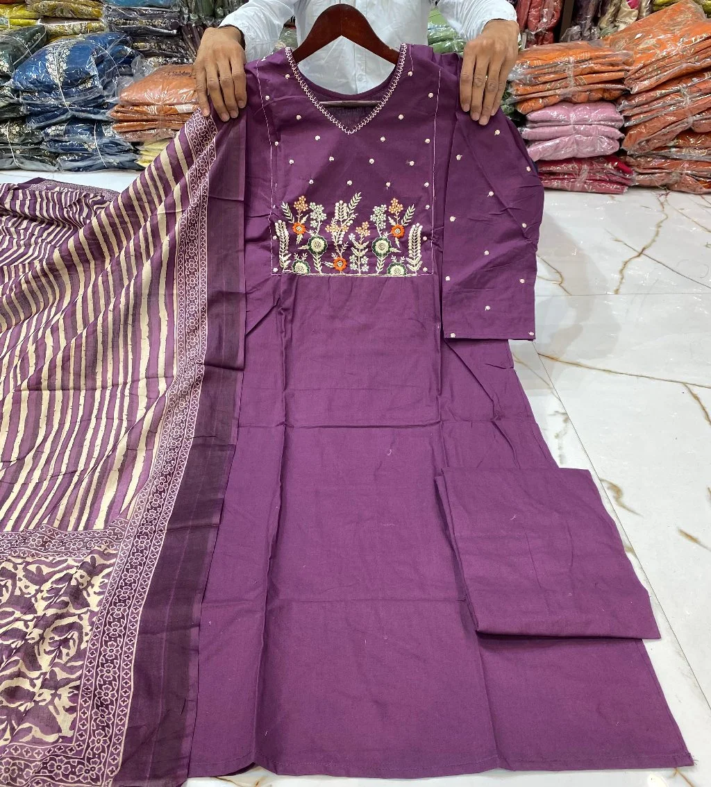 Orange Embroidered Cotton Kurta Set with Striped Dupatta - Variant 2