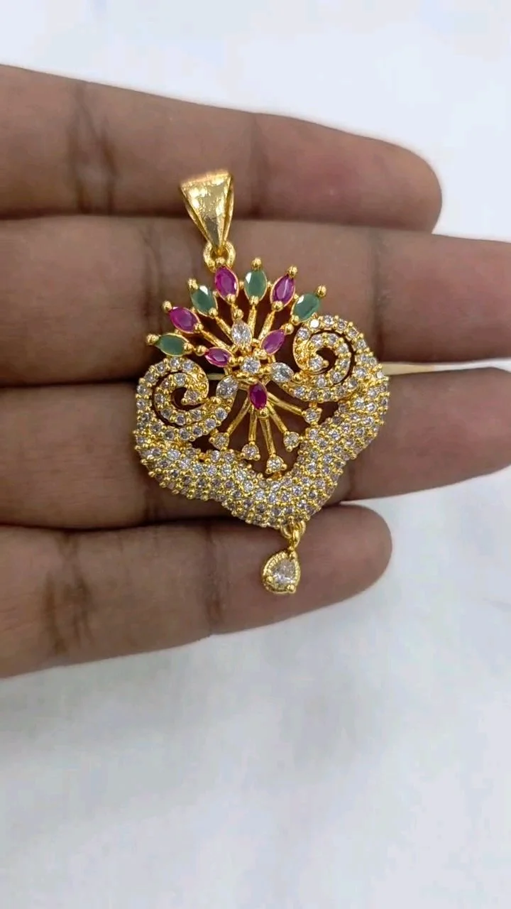 Gold Plated Floral Pendant with Ruby Emerald and White Stones