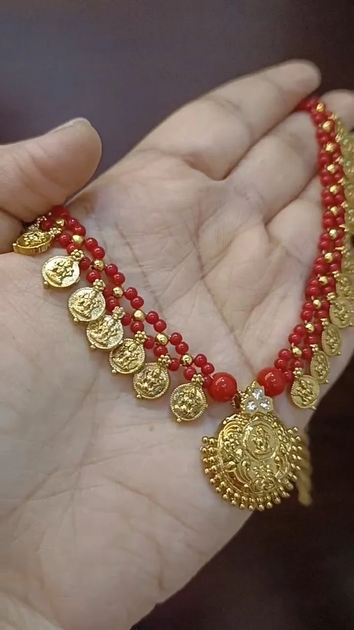 Gold Plated Red Bead Kasu Necklace thumbnail 2