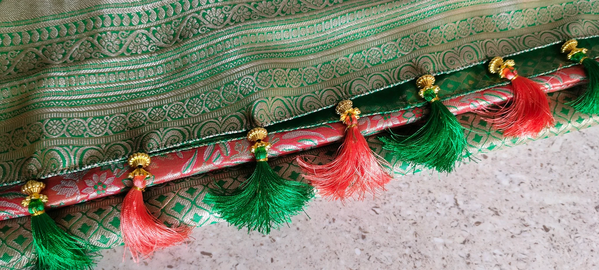 Green and Gold Zari Saree Pallu with Red and Green Tassels
