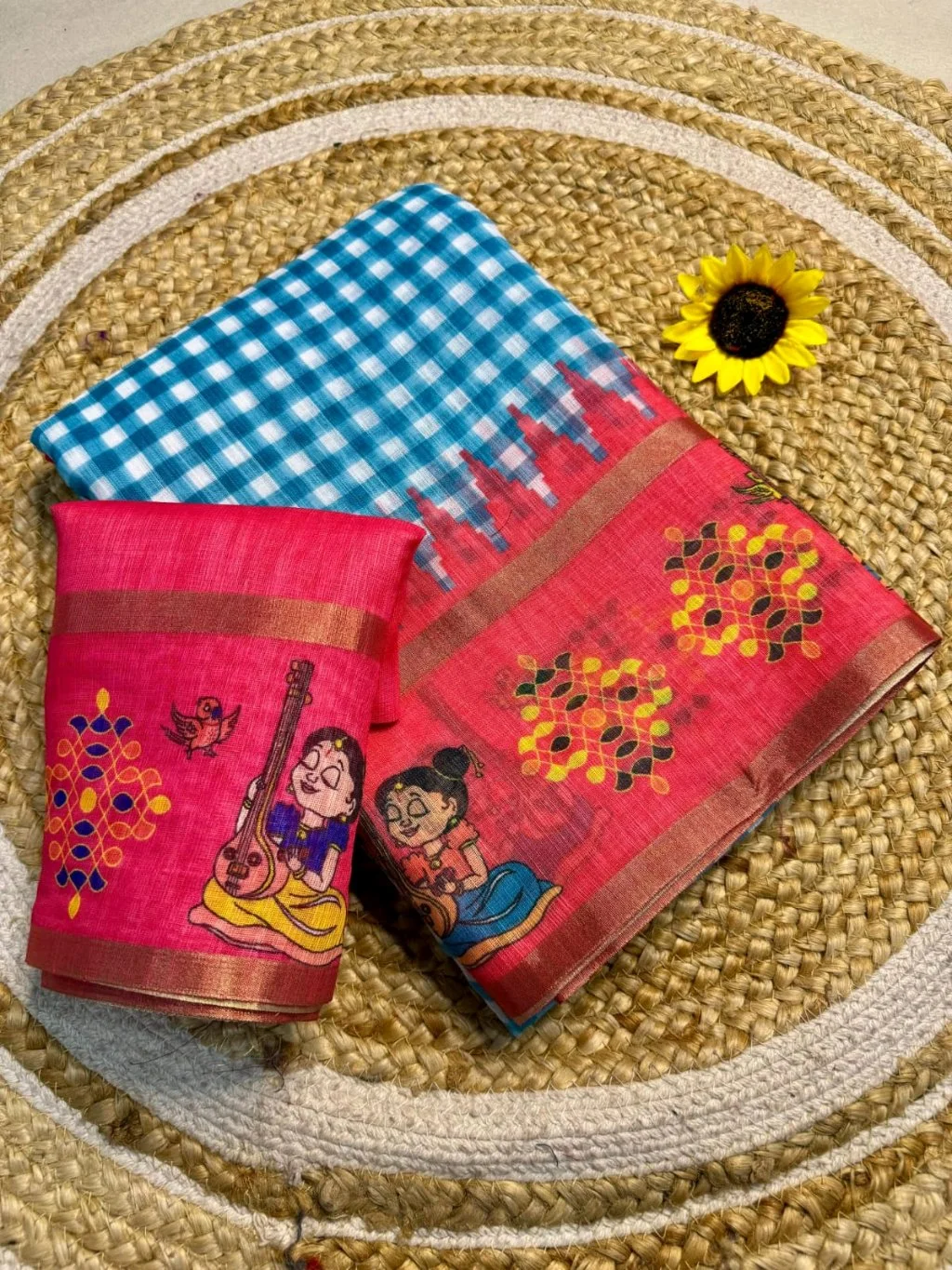 Pink Saree with Veena Girl Print and Checkered Blouse 6