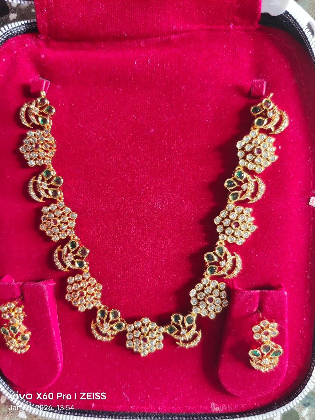 Gold Plated Floral and Crescent Stone Necklace Set