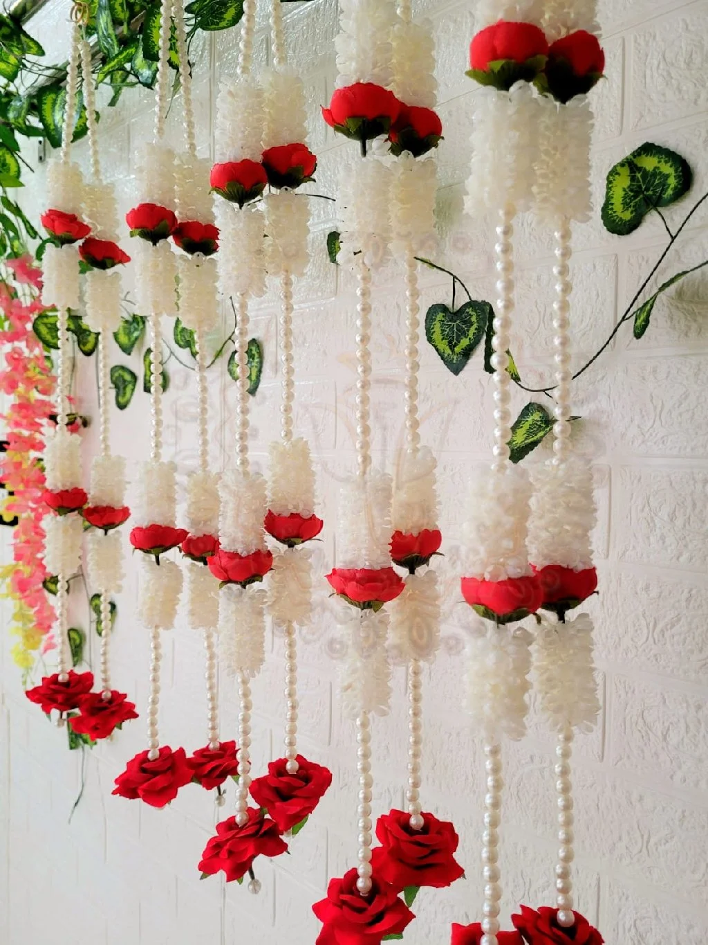 Artificial White Gajra and Red Rose Pearl Garlands 1