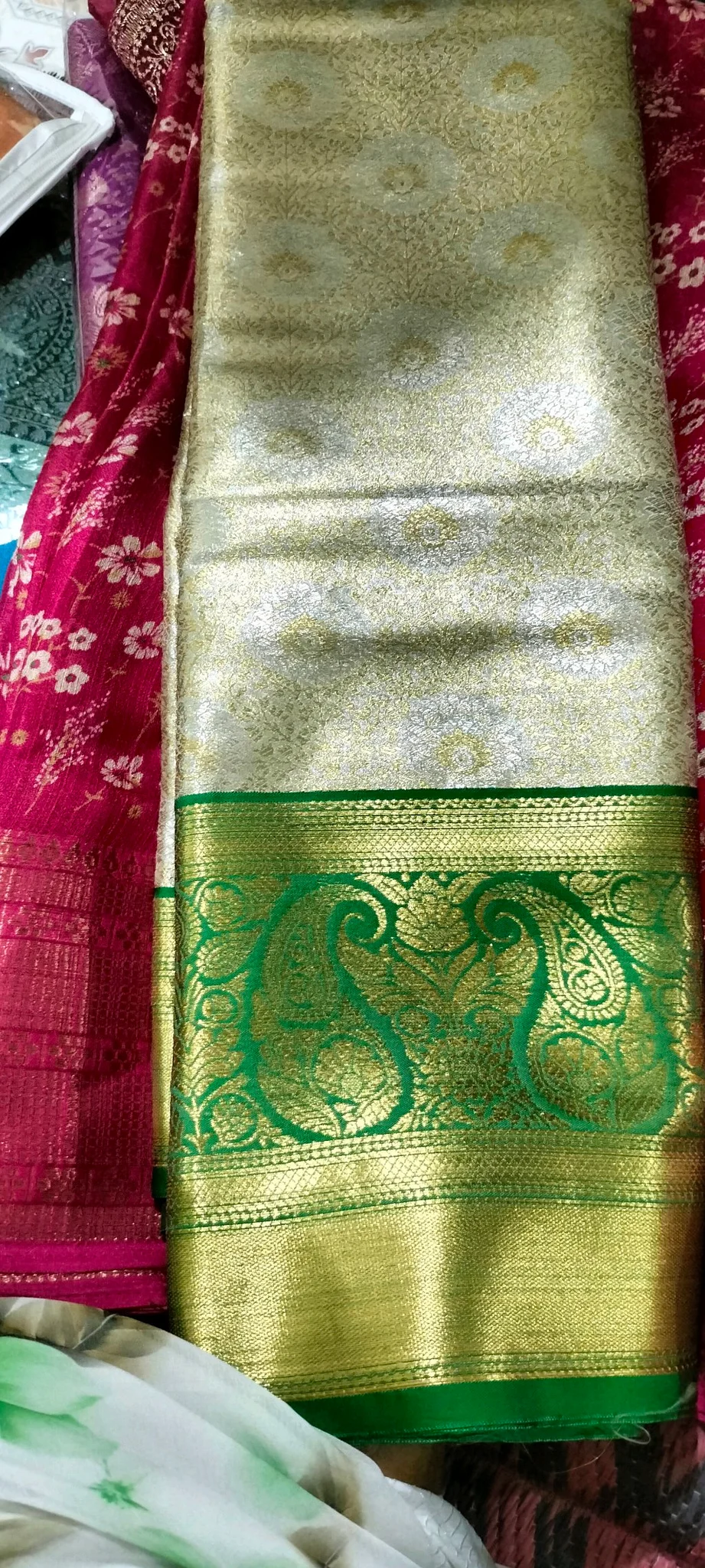 Cream and Gold Silk Saree with Green Paisley Border