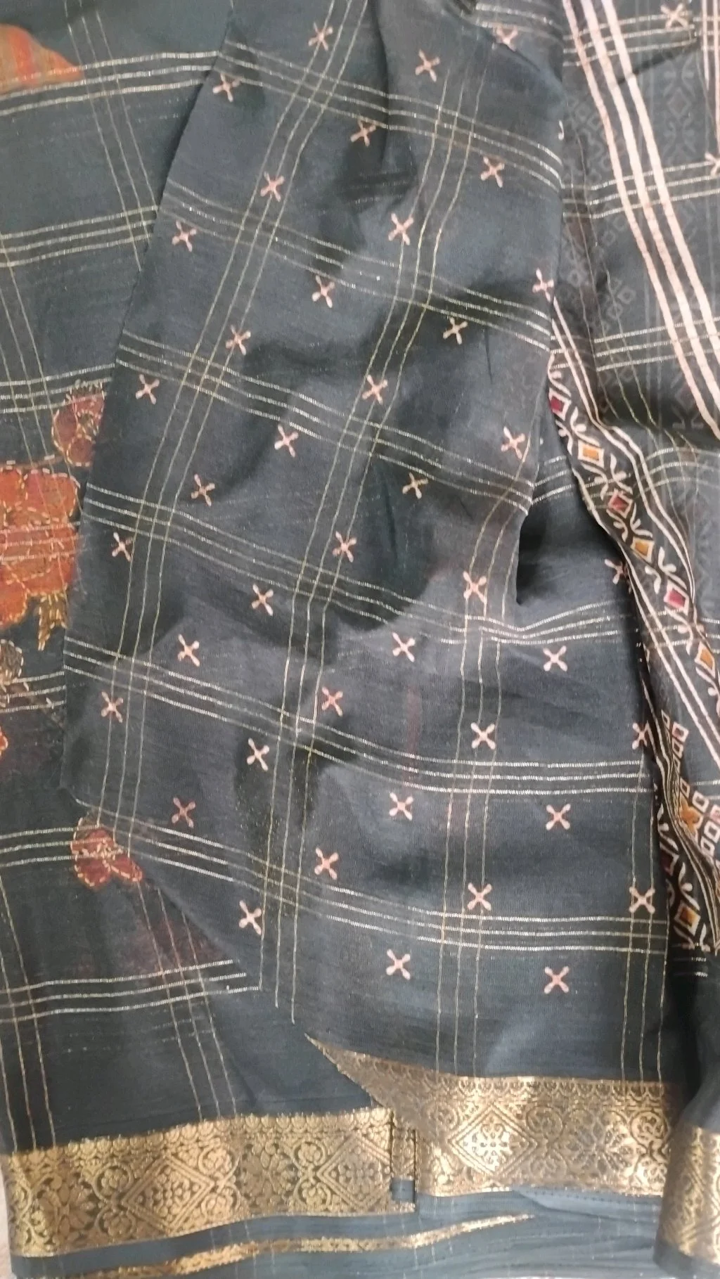 Black Silk Blend Saree with Gold Checkered Pattern and Floral Print thumbnail 4