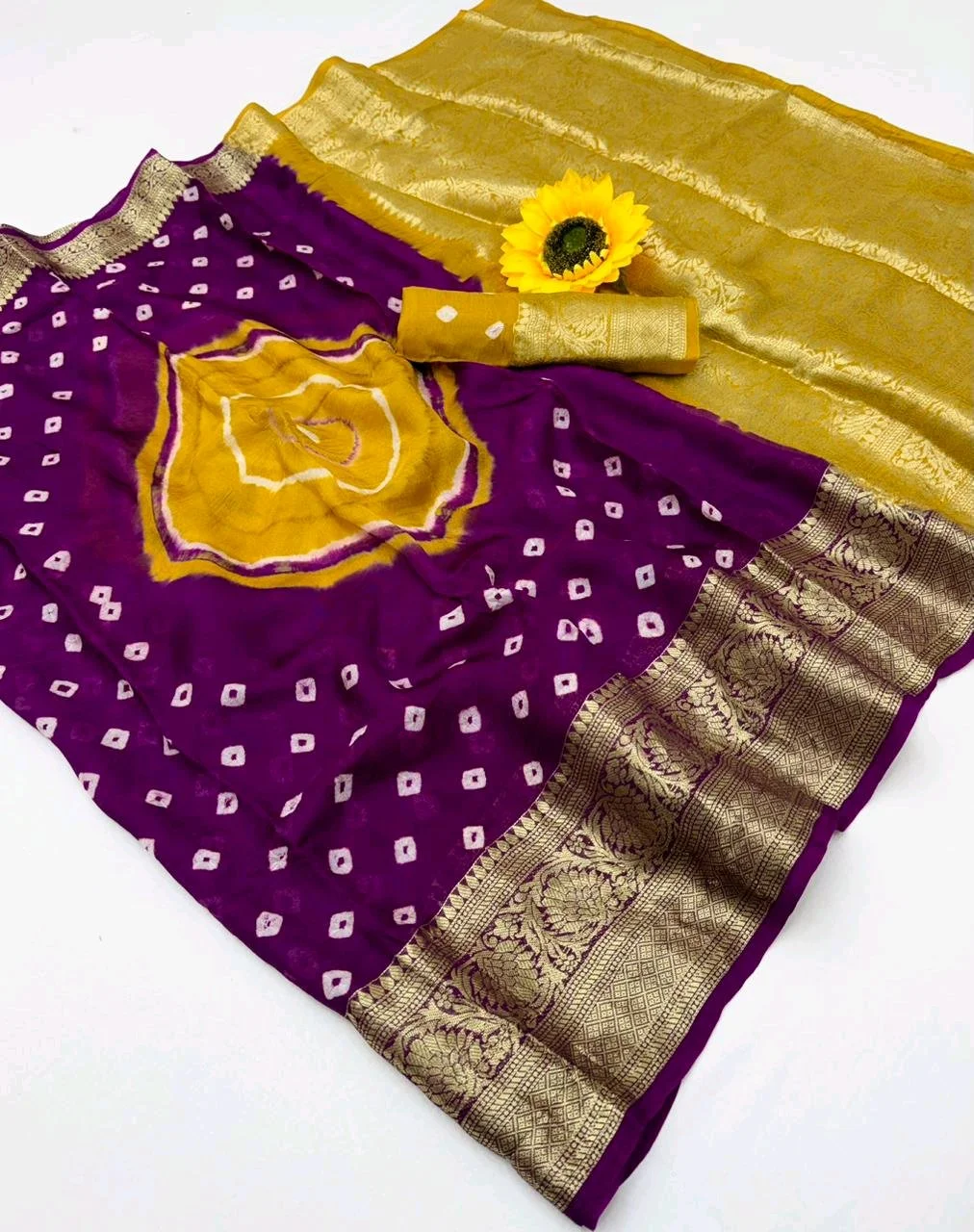 Kanjivaram  Bandhani Saree with Gold Zari Border 2