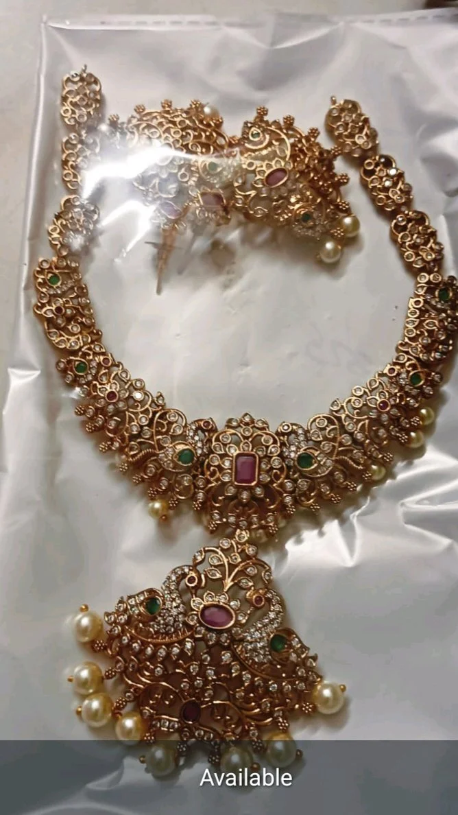 Gold Plated Peacock Design Necklace Set with Ruby Emerald and CZ Stones