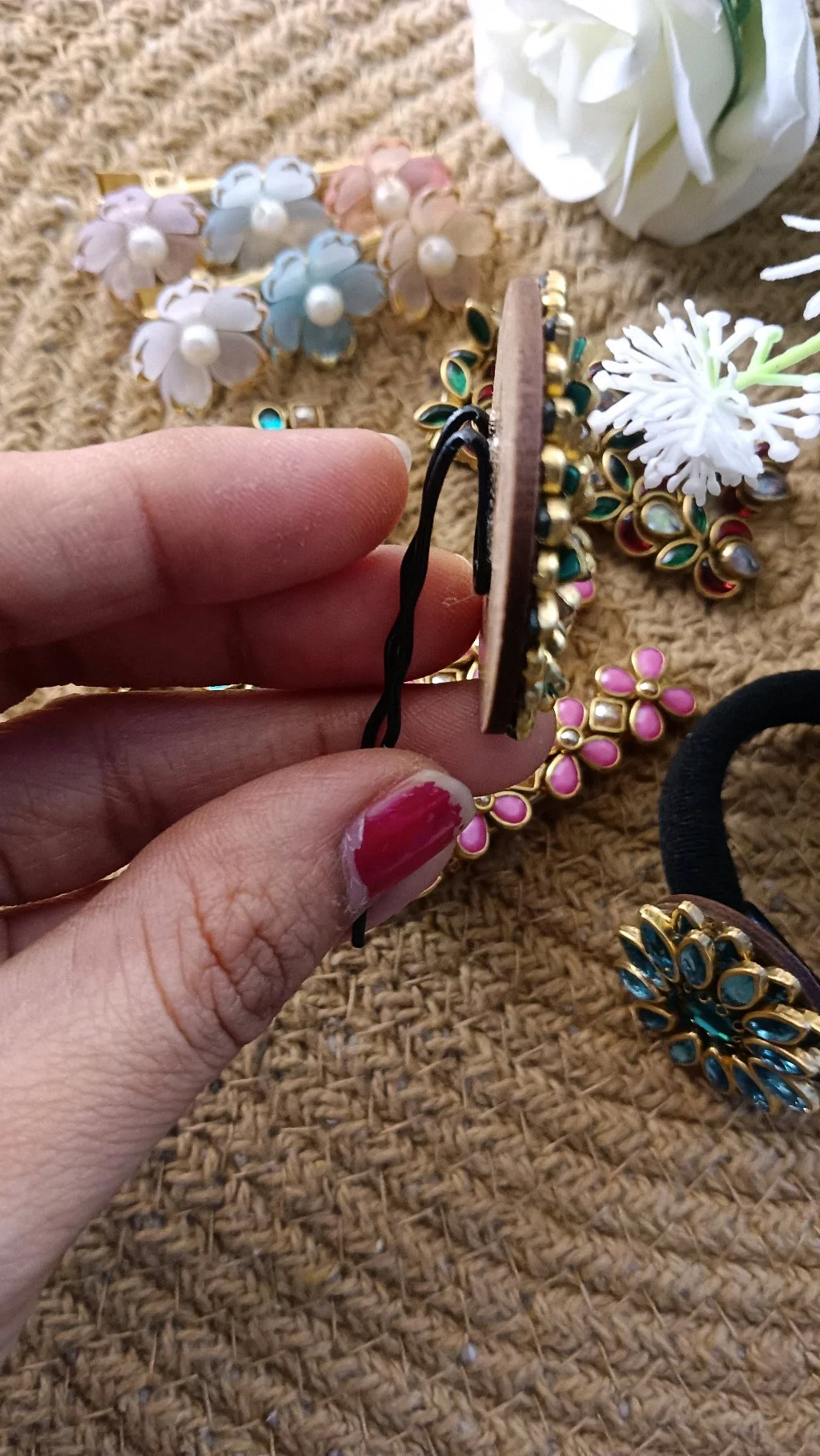 Gold Tone Floral Hair Bun Pin with Multi-Color Stones thumbnail 2