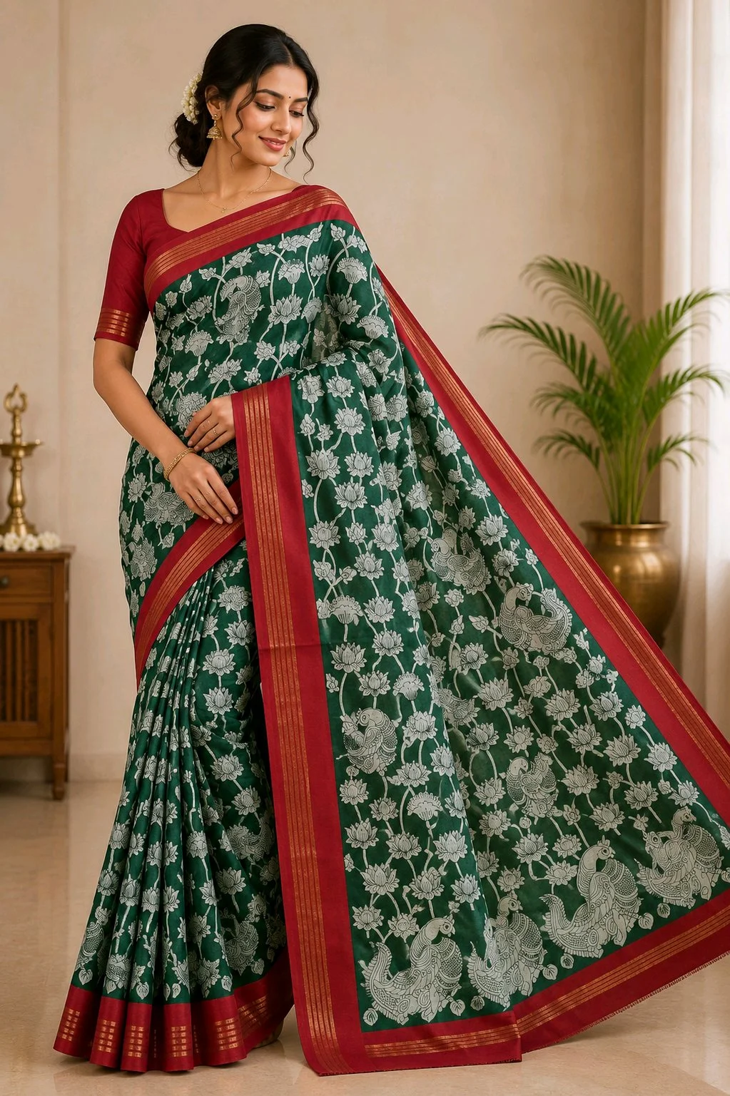 Maheshwari Silk Sarees,Dark Green Kalamkari Print Saree with Red Zari Border thumbnail 1