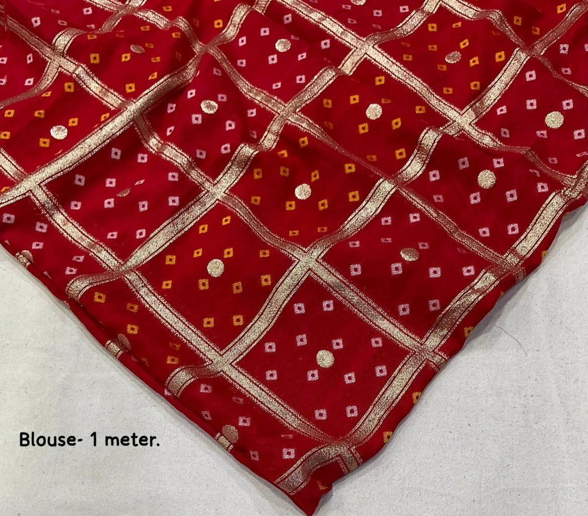 White Cotton Butti Saree with Red Banarasi Bandhani Blouse 4