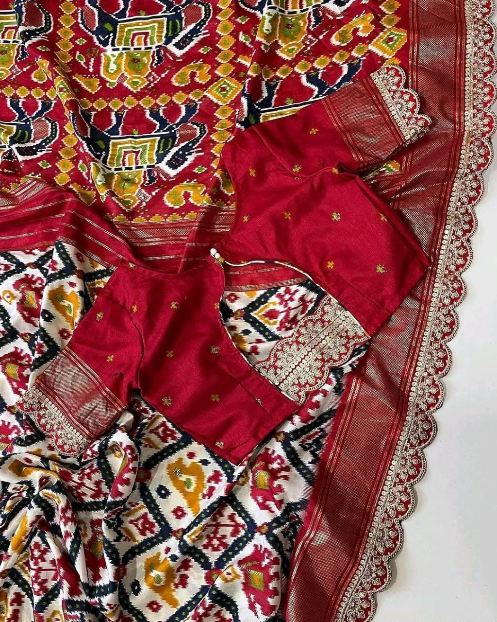 Red Ikat Saree with Blue Striped Pallu 7