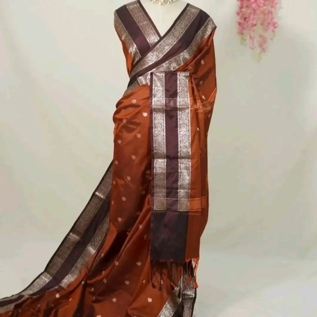 Orange Kanchipuram Silk Saree with Purple Border and Gold Zari Work 4