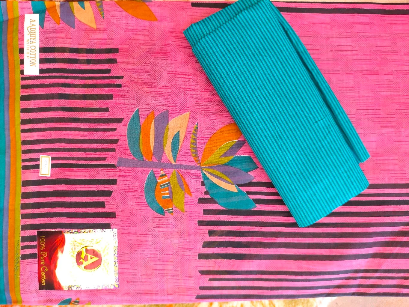 A.ADHIVA COTTON Pink Abstract Floral Saree with Teal Blouse thumbnail 1