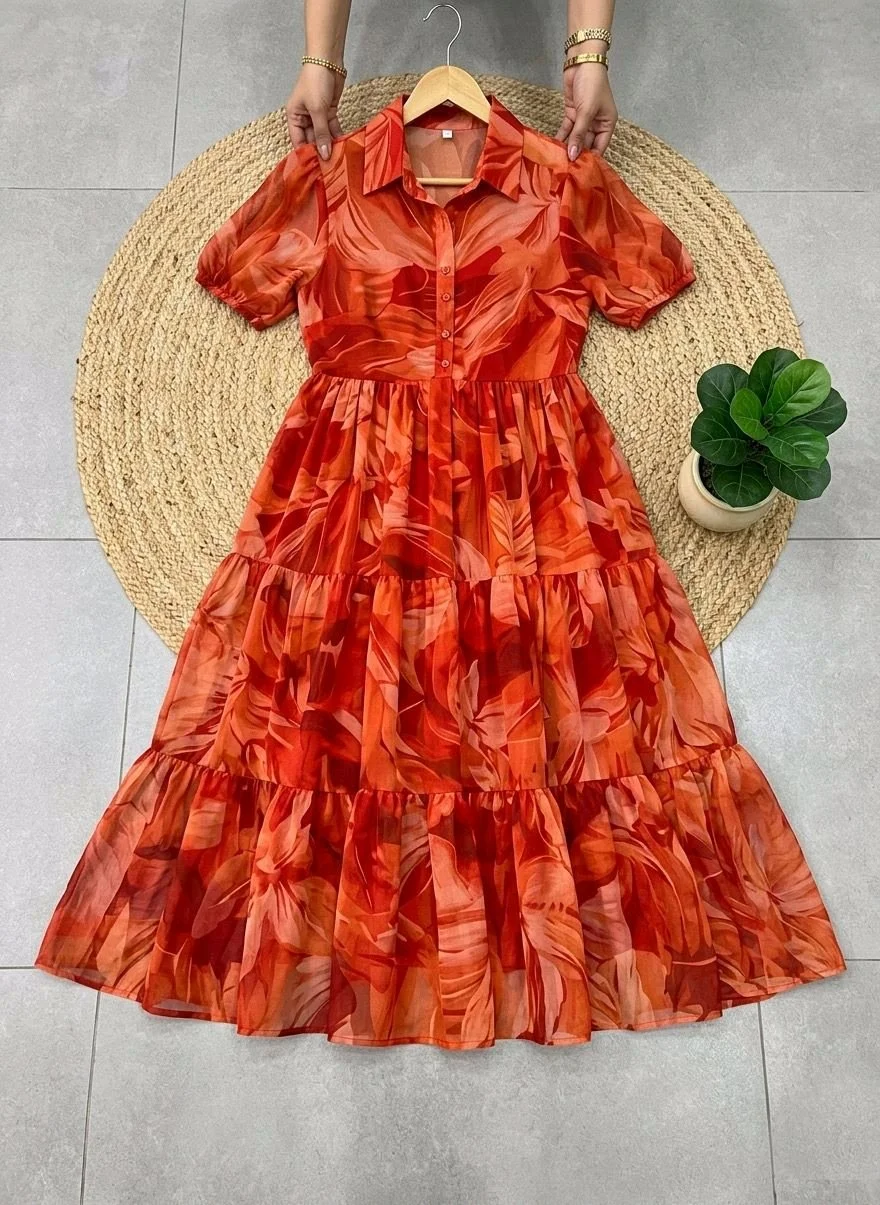 Leaf Print Tiered Midi Dress 1