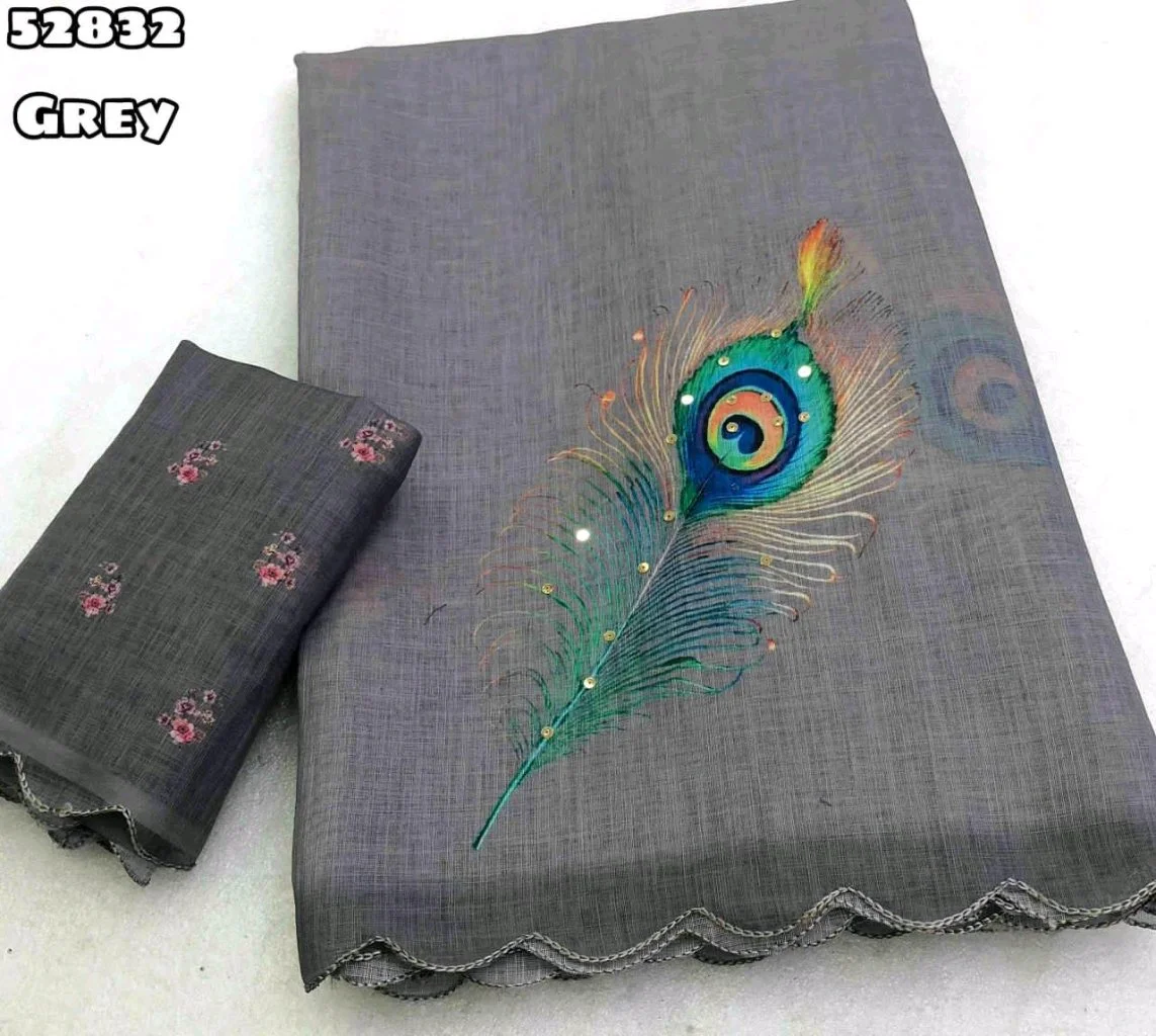 Soft Lenin With Peacock Feather Embroidered Saree with Floral Blouse thumbnail 4