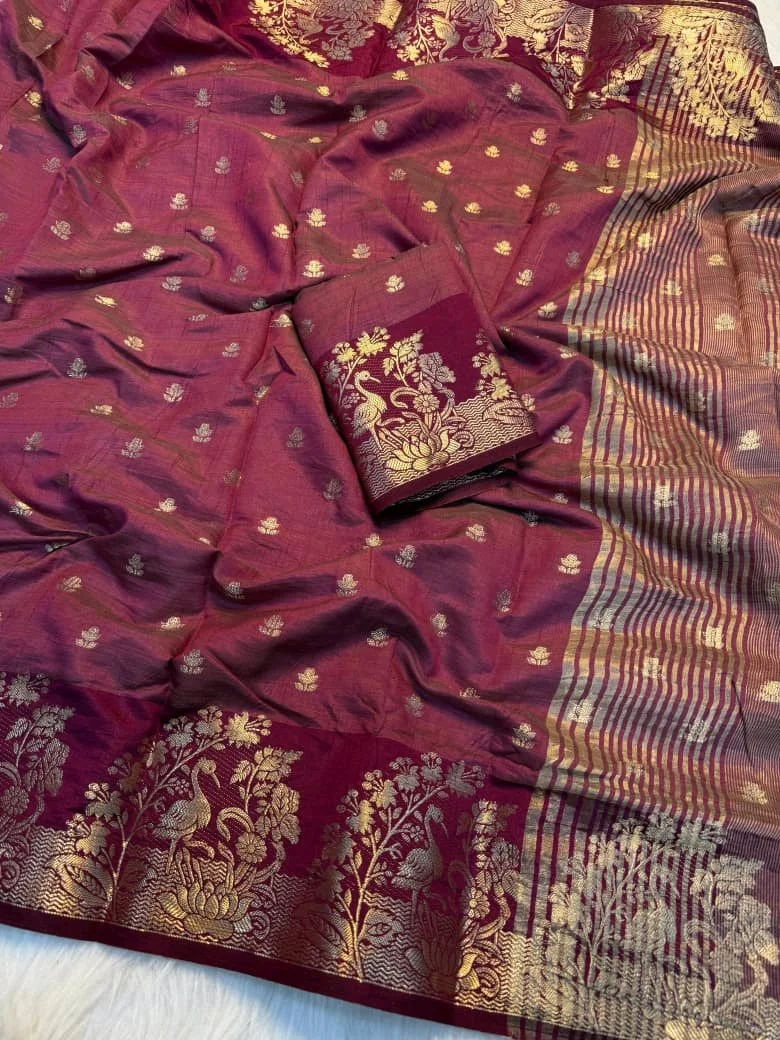 Soft Tusser  Silk Saree with Gold Zari Bird and Floral Motifs 8
