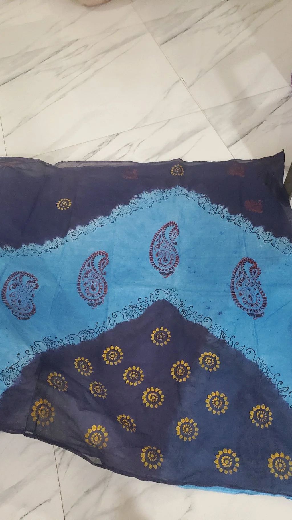 Navy Blue Organdi Saree with Gold Floral Motifs and CoperSalphteBlue Border thumbnail 4