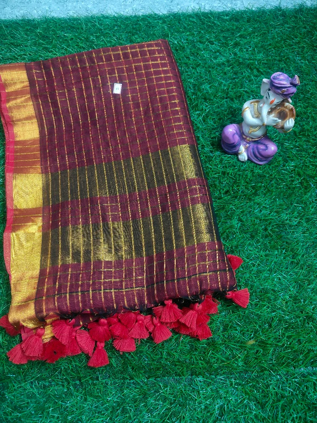 Maroon Gold Checked Saree with Tassels