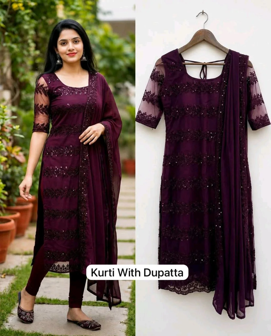 Mauve Embroidered Kurti Set with Dupatta thumbnail 2
