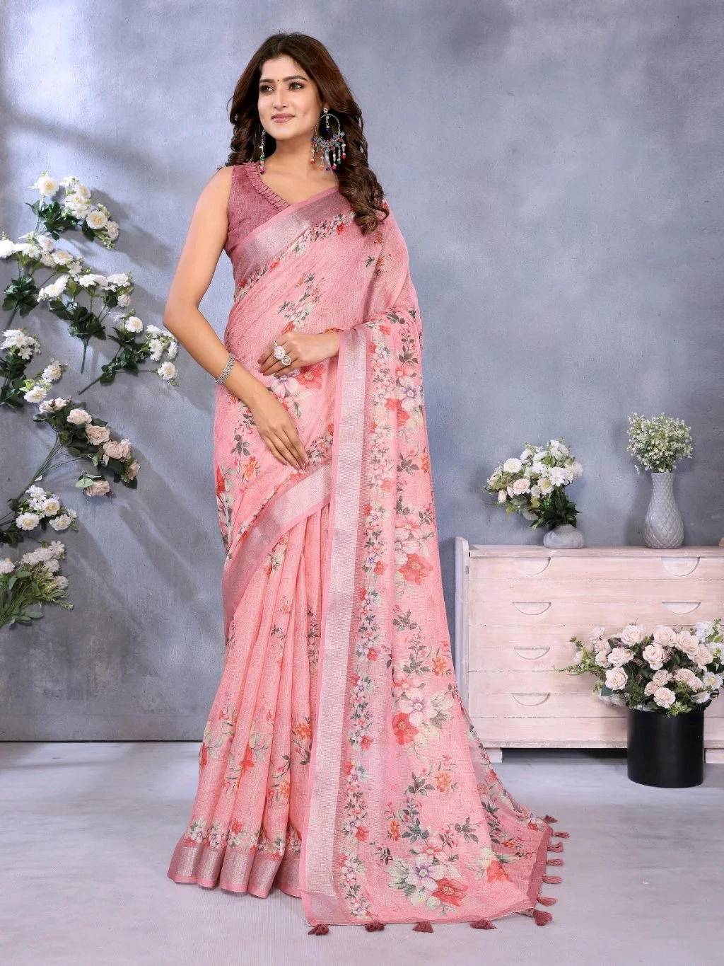 Pink Floral Print Linen Saree with Tassels