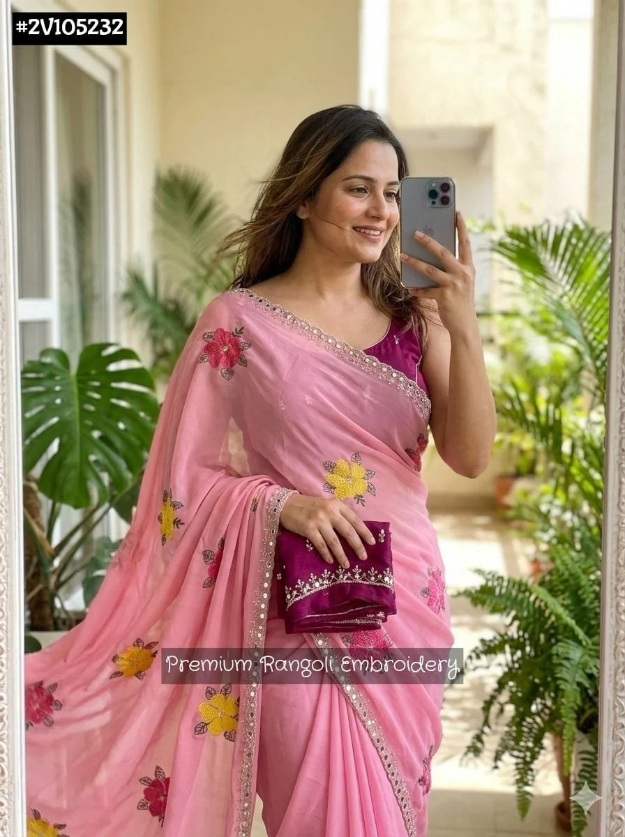 Cream Saree with Premium Rangoli Floral Embroidery and Mirror Work 4